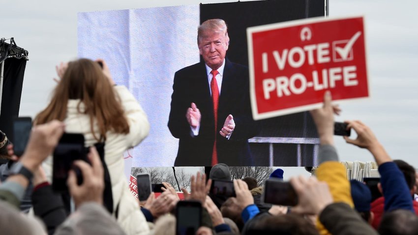 Anti-abortion demonstrators listen to President Donald Trump as he speaks at the 47th annual “March for Life” in Washington, D.C., Jan. 24, 2020.