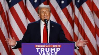 Republican presidential nominee, former U.S. President Donald Trump speaks during an election night event at the Palm Beach Convention Center on November 06, 2024 in West Palm Beach, Florida. 