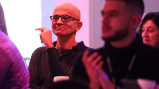 Microsoft CEO Satya Nadella watches from the audience during a press briefing at Microsoft’s campus in Redmond, Washington, on May 20, 2024.