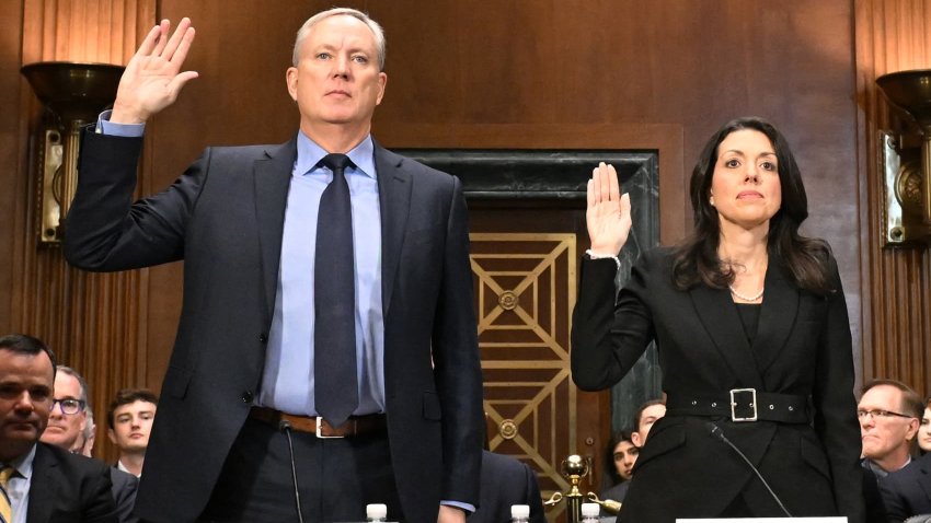 (L-R) Bill Sheedy, senior advisor to the CEO at Visa, and Linda Kirkpatrick, President of the Americas at Mastercard, are sworn in during a Senate Judiciary Committee hearing entitled “Breaking the Visa-Mastercard Duopoly: Bringing Competition and Lower Fees to the Credit Card System” on Capitol Hill in Washington, DC, on November 19, 2024. 