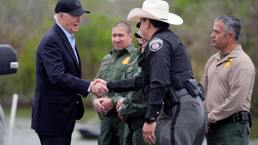 FILE – President Joe Biden talks with the U.S. Border Patrol and local officials, as he looks over the southern border, Feb. 29, 2024, in Brownsville, Texas, along the Rio Grande.