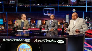 FILE - "Inside the NBA" host Ernie Johnson Jr., left, and analysts Kenny Smith, center, and Charles Barkley