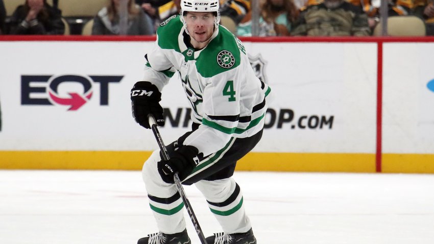 Nov 11, 2024; Pittsburgh, Pennsylvania, USA;  Dallas Stars defenseman Miro Heiskanen (4) moves the puck up ice against the Pittsburgh Penguins during the second period at PPG Paints Arena. Mandatory Credit: Charles LeClaire-Imagn Images