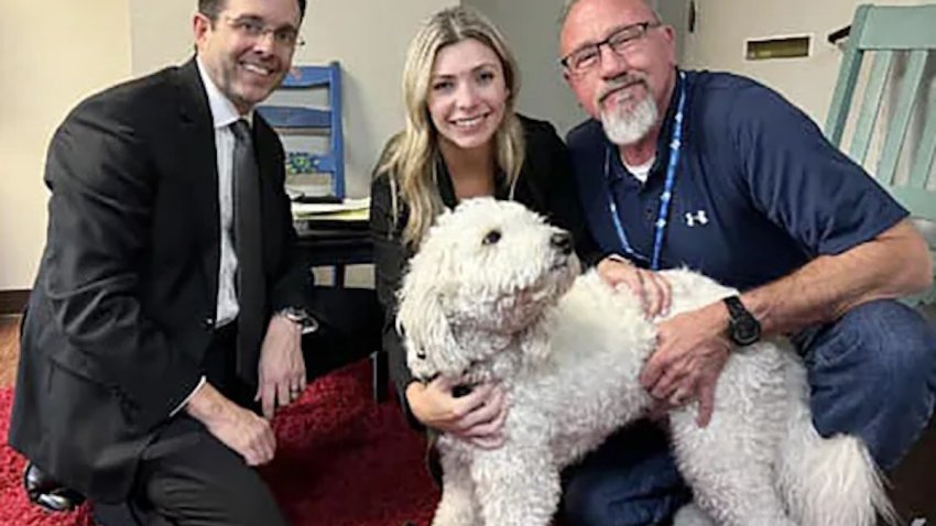 Prosecutors Ryan Calvert and Alyssa Killin and Investigator Keith Kunz along with Mandy Reynolds’ dog, Titan