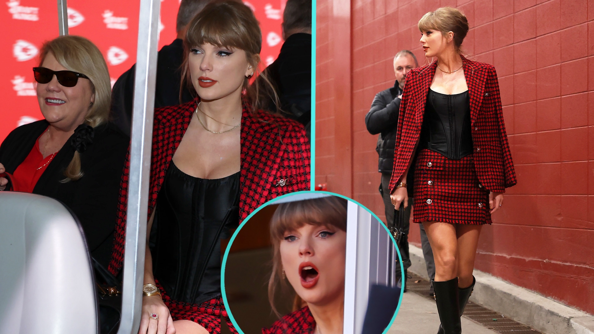 Taylor Swift stunts in red and black plaid set supporting Travis