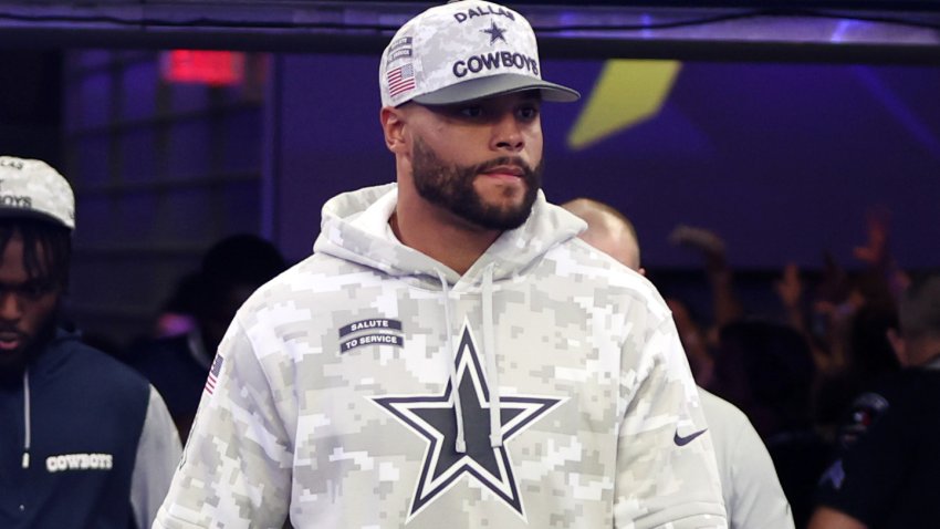 Nov 10, 2024; Arlington, Texas, USA; Dallas Cowboys quarterback Dak Prescott (4) walks on to the field before the game against the Philadelphia Eagles at AT&T Stadium.