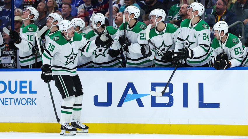 Nov 23, 2024; Tampa, Florida, USA; Dallas Stars center Matt Duchene (95) celebrates after scoring a goal against the Tampa Bay Lightning in the third period at Amalie Arena. (Mandatory Credit: Nathan Ray Seebeck-Imagn Images)