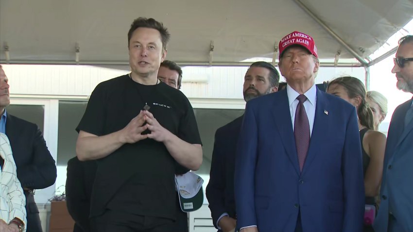 Elon Musk, left, talks with president-elect Donald Trump after a SpaceX ‘Starship’ launched from Boca Chica, Texas, on Nov. 19, 2024.