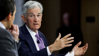 Jerome Powell, chairman of the US Federal Reserve, right, during the New York Times DealBook Summit at Jazz at Lincoln Center in New York, US, on Wednesday, Dec. 4, 2024. 