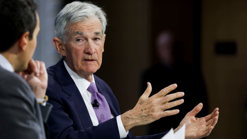 Jerome Powell, chairman of the US Federal Reserve, right, during the New York Times DealBook Summit at Jazz at Lincoln Center in New York, US, on Wednesday, Dec. 4, 2024. 