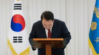 South Korean President Yoon Suk-Yeol speaks to the nation at the Presidential Office on December 14, 2024 in Seoul, South Korea. 