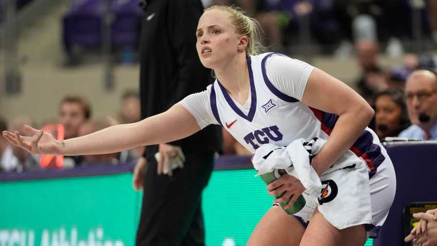 TCU guard Hailey Van Lith, front, reacts from the bench after a teammate’s 3-point basket during the second half of an NCAA college basketball game against Idaho State, Sunday, Nov. 24, 2024, in Fort Worth, Texas.