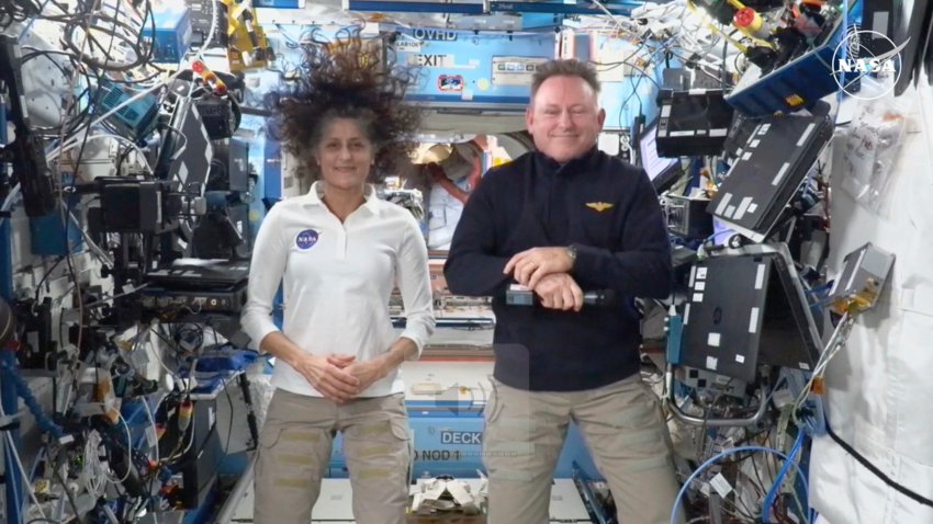 FILE – This image made from a NASA live stream shows NASA astronauts Suni Williams and Butch Wilmore during a press conference from the International Space Station on Friday, Sept. 13, 2024.