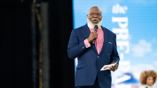 ARLINGTON, TEXAS – SEPTEMBER 26: Bishop TD Jakes speaks during Woman Evolve 2024 at Globe Life Field on September 26, 2024 in Arlington, Texas. (Photo by Eugenia R. Washington/Getty Images)