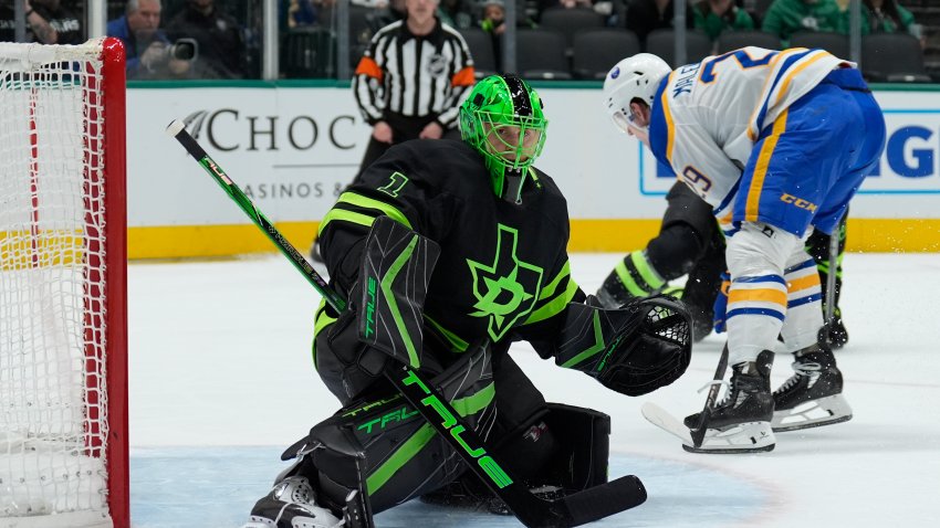 DALLAS, TX – DECEMBER 31: Casey Desmith #1 of the Dallas Stars tends goal against the Buffalo Sabers at the American Airlines Center on December 31, 2024 in Dallas, Texas.