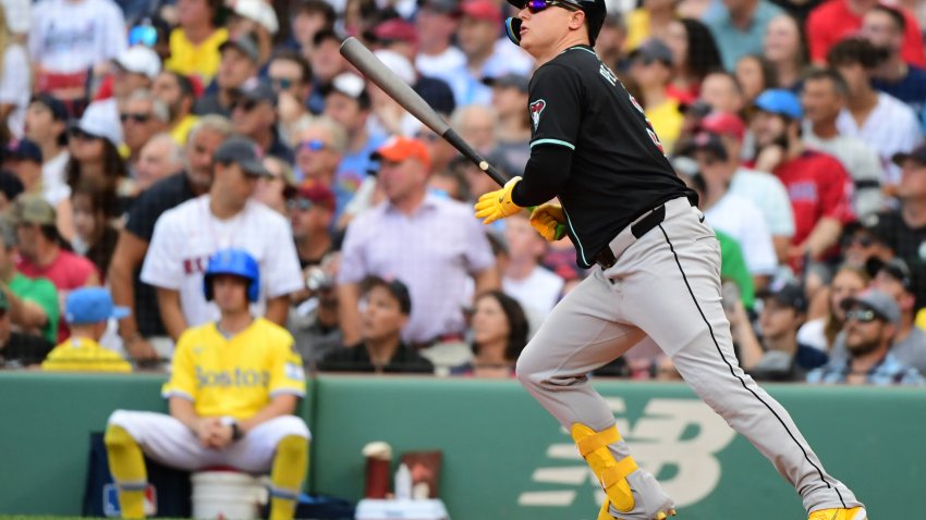 Aug 24, 2024; Boston, Massachusetts, USA;  Arizona Diamondbacks designated hitter Joc Pederson (3) hits a double off the center field wall during the fourth inning against the Boston Red Sox at Fenway Park. Mandatory Credit: Bob DeChiara-USA TODAY Sports