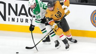 Dec 6, 2024; Las Vegas, Nevada, USA; Vegas Golden Knights right wing Mark Stone (61) blocks a shot attempt by Dallas Stars defenseman Thomas Harley (55) during the third period at T-Mobile Arena. Mandatory Credit: Stephen R. Sylvanie-Imagn Images