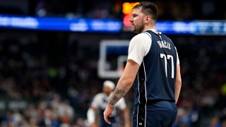 Dec 23, 2024; Dallas, Texas, USA; Dallas Mavericks guard Luka Doncic (77) reacts to a foul call during the second quarter against the Portland Trail Blazers at the American Airlines Center. Mandatory Credit: Jerome Miron-Imagn Images