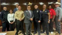 Mayor Rick Carmona welcomed new Terrell PD Officer Jacob Candanoza to the force during a City Council meeting. Pictured with him are members of the Council, Patrol Sargeant Miguel Sanchez (back, left) City Manager Mike Sims (back right) and Interim Police Chief Arley Sansom (front, right).