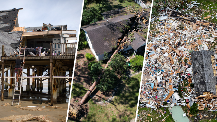 Destruction from hurricanes Beryl, Helene and Milton (L-R).