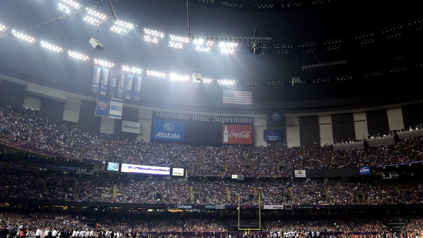 The Mercedes-Benz Superdome after a sudden power outage during Super Bowl XLVII. The stadium is now known as the Caesars Superdome.