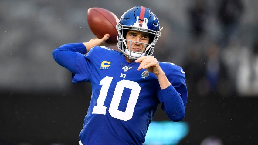 Eli Manning #10 of the New York Giants warms up prior to the game against the Philadelphia Eagles at MetLife Stadium on Dec. 29, 2019 in East Rutherford, New Jersey.