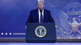 U.S. President Donald Trump makes a special address remotely during the 55th annual World Economic Forum (WEF) meeting in Davos, Switzerland, January 23, 2025. REUTERS/Yves Herman