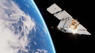 An animated rendering of a Pelican satellite in orbit.