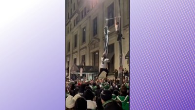 Eagles fan falls from flag pole while celebrating