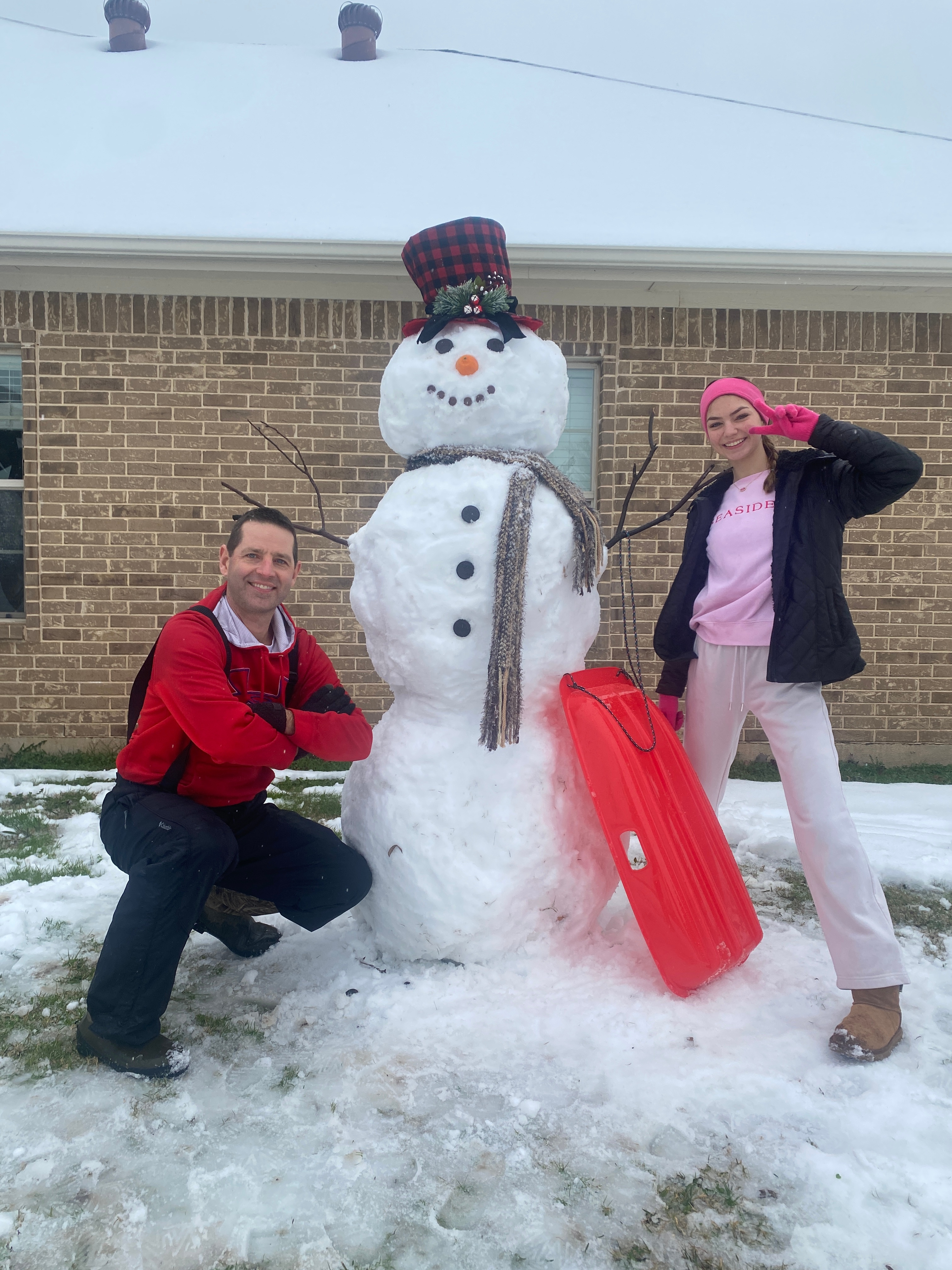 Snowman made in Ponder, Texas on January 9, 2025 by Shawn and Kate Simmons.