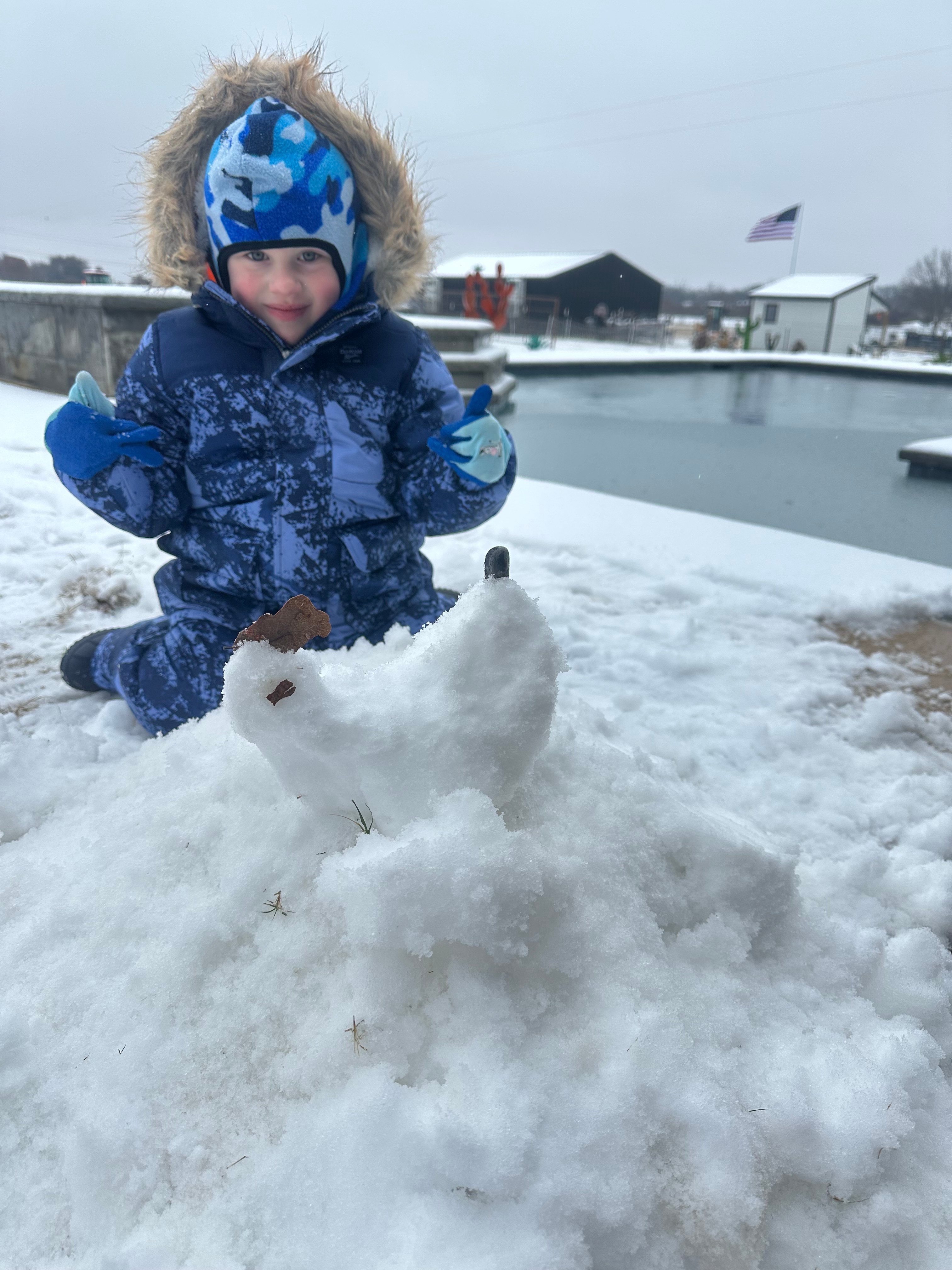 Here is Connar Craftons snow chicken named HEYHEY from Springtown Tx. He loved the snow the today!