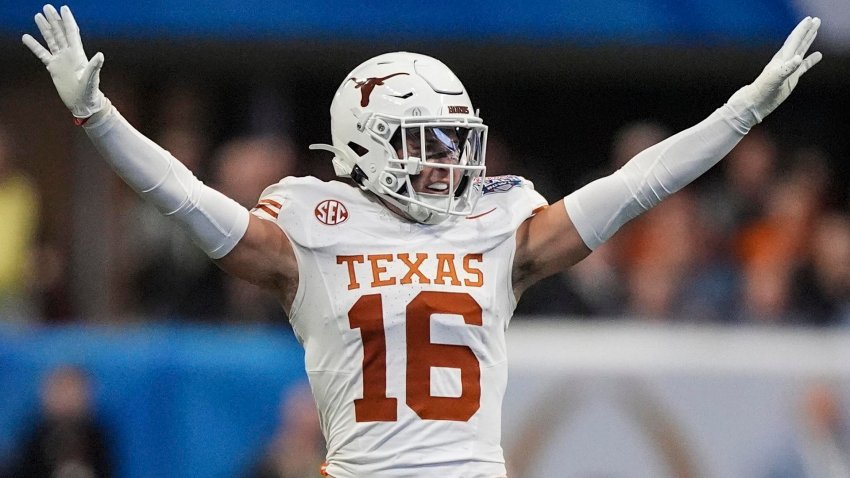 Texas defensive back Michael Taaffe (16) celebrates a play against Arizona State during the first half in the quarterfinals of a College Football Playoff, Wednesday, Jan. 1, 2025, in Atlanta.