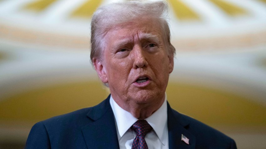 President-elect Donald Trump talks to reporters after a meeting with Republican leadership at the Capitol on Wednesday, Jan. 8, 2025, in Washington.