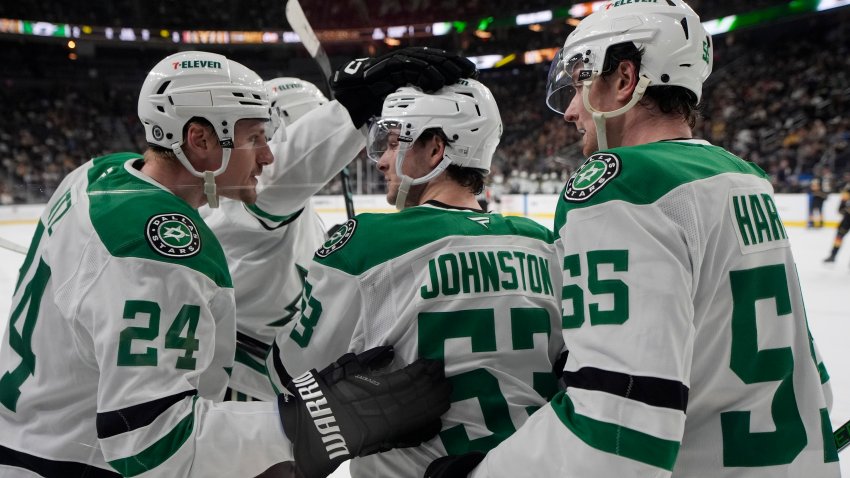 Dallas Stars center Wyatt Johnston (53) celebrates after scoring against the Vegas Golden Knights during the third period of an NHL hockey game Tuesday, Jan. 28, 2025, in Las Vegas. (AP Photo/John Locher)