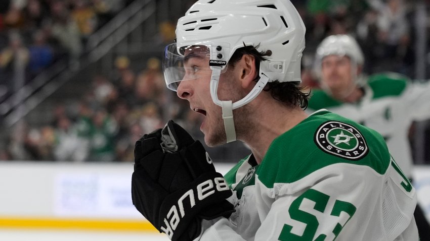 Dallas Stars center Wyatt Johnston (53) celebrates after scoring against the Vegas Golden Knights during the third period of an NHL hockey game Tuesday, Jan. 28, 2025, in Las Vegas. (AP Photo/John Locher)