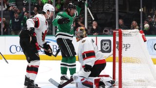 DALLAS, TEXAS – JANUARY 02: Matt Duchene #95 of the Dallas Stars celebrates after scoring a goal during the third period against the Ottawa Senators at American Airlines Center on January 02, 2025 in Dallas, Texas.