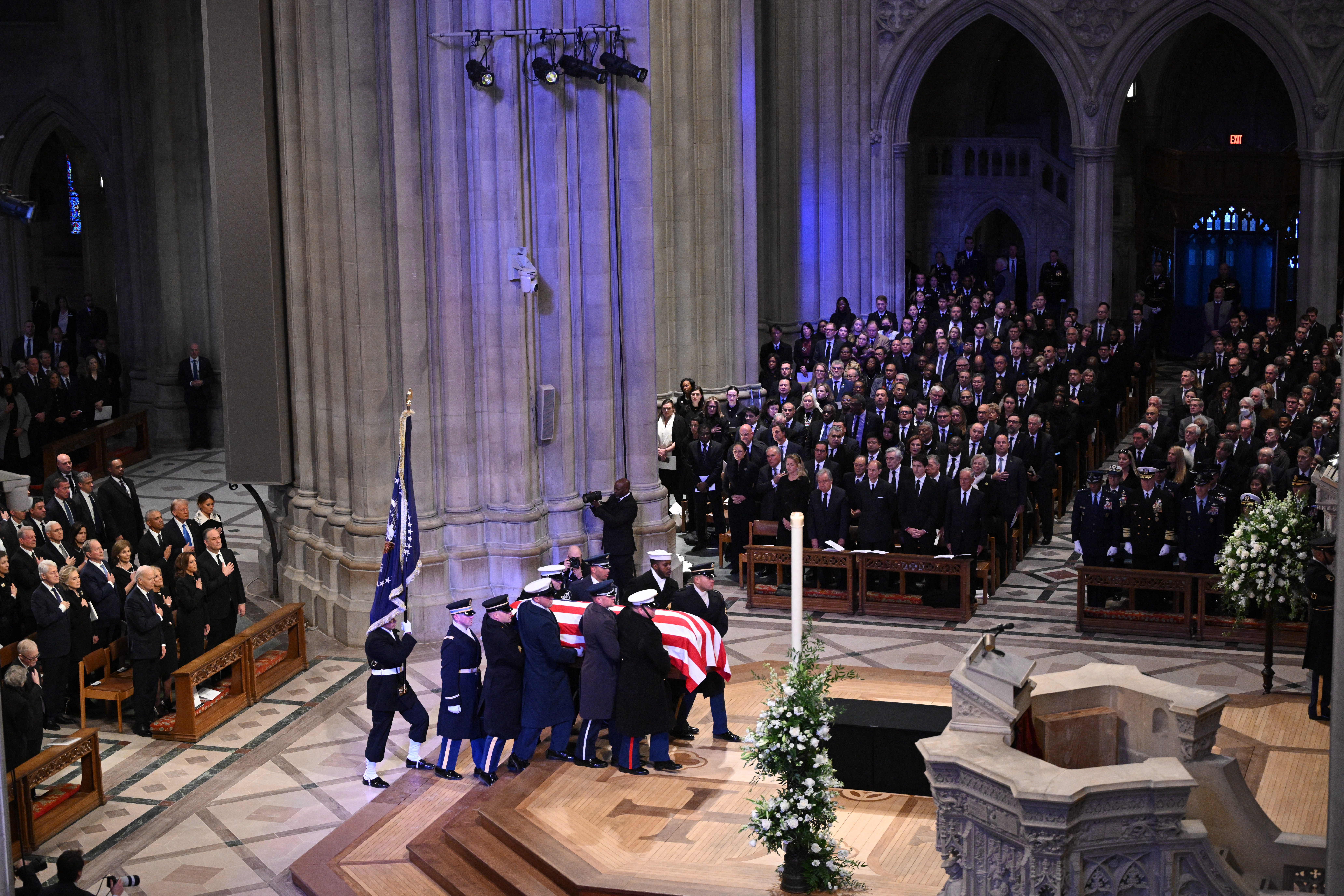The remains of former US President Jimmy Carter arrive at the Washington National Cathedral in Washington, DC, for a State Funeral Service on January 9, 2025.