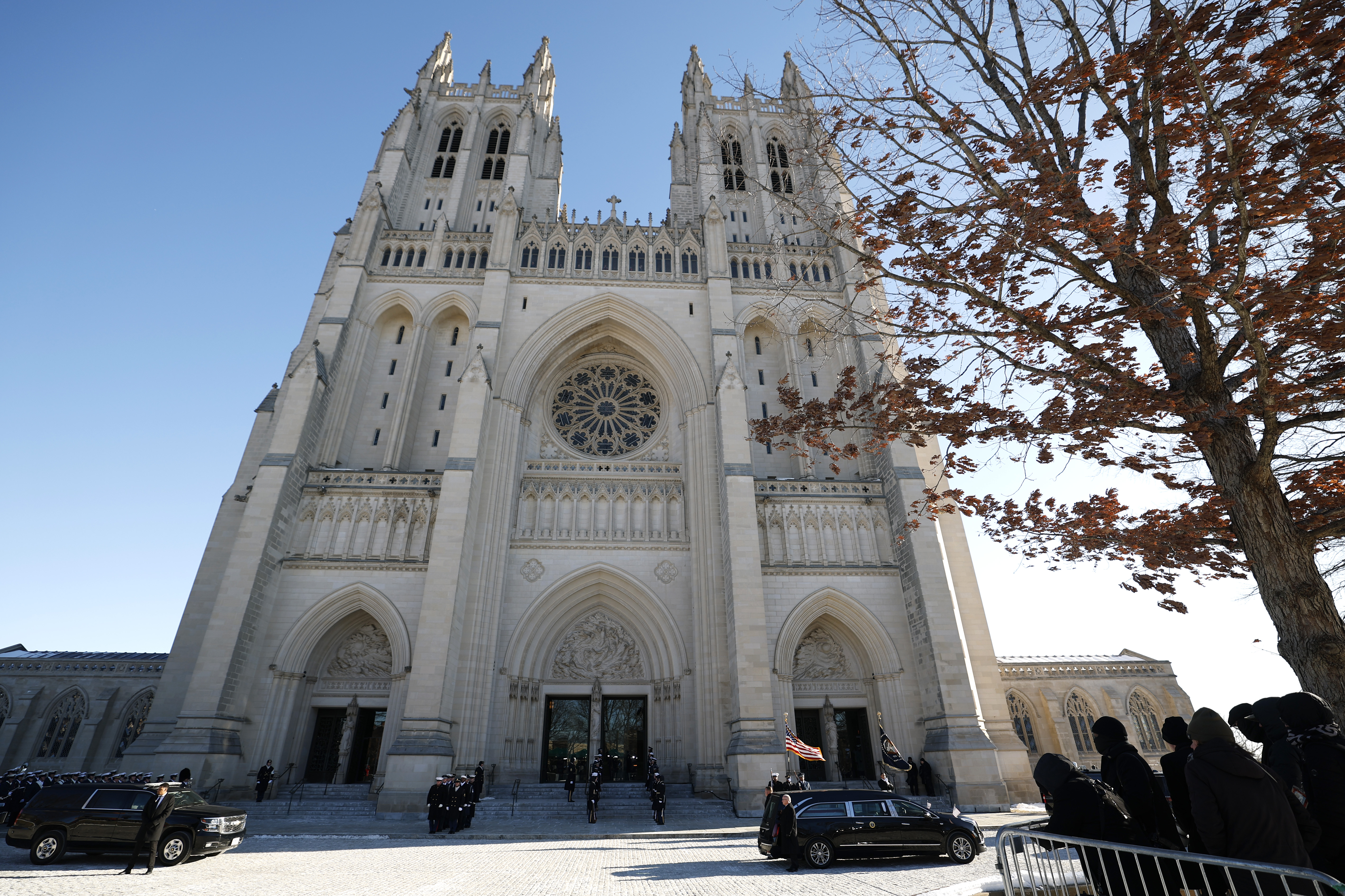 A hearse carrying the casket bearing the remains of former U.S. President Jimmy Carter sits outside the Washington National Cathedral during his state funeral on January 9, 2025 in Washington, DC.