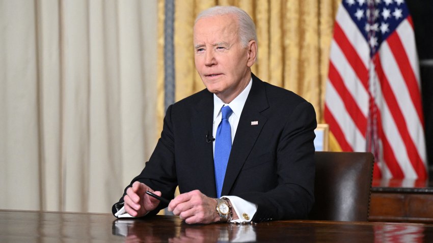 US President Joe Biden delivers his farewell address to the nation from the Oval Office of the White House in Washington, DC, on January 15, 2025. (Photo by Mandel NGAN / POOL / AFP) (Photo by MANDEL NGAN/POOL/AFP via Getty Images)