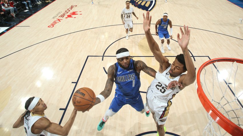 NEW ORLEANS, LA – JANUARY 15:  Jaden Hardy #1 of the Dallas Mavericks drives to the basket during the game against the New Orleans Pelicans on January 15, 2025 at the Smoothie King Center in New Orleans, Louisiana.