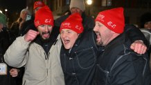 Jan. 6 defendants Gregory Purdy, Edward Jacob Lang and Robert Turner, celebrate their release outside the D.C. Central Detention Facility on Jan. 21.