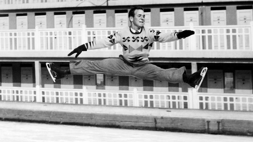 American figure skater Dick Button practices his jumps in February 1948 in Saint-Moritz during the Winter Olympic Games. Button won the gold medal and repeated his feat in Oslo (Norway) in 1952. AFP PHOTO / AFP PHOTO / –        (Photo credit should read -/AFP via Getty Images)