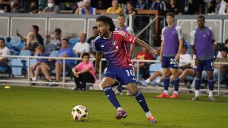 Oct 2, 2024; San Jose, California, USA; FC Dallas forward Jesus Ferreira (10) patrols the field during the second half of a match against the San Jose Earthquakes at PayPal Park. Mandatory Credit: David Gonzales-Imagn Images