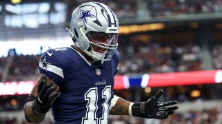 Jan 5, 2025; Arlington, Texas, USA;  Dallas Cowboys linebacker Micah Parsons (11) celebrates  after a sack during the first quarter against the Washington Commanders at AT&T Stadium. Mandatory Credit: Kevin Jairaj-Imagn Images