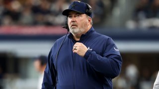 Jan 5, 2025; Arlington, Texas, USA;  Dallas Cowboys head coach Mike McCarthy looks on during the first half against the Washington Commanders at AT&T Stadium. Mandatory Credit: Kevin Jairaj-Imagn Images