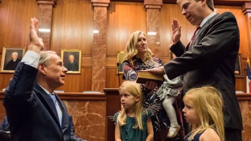 Gov. Greg Abbott swears in Jimmy Blacklock to fill a vacancy on the Texas Supreme Court in January 2018.