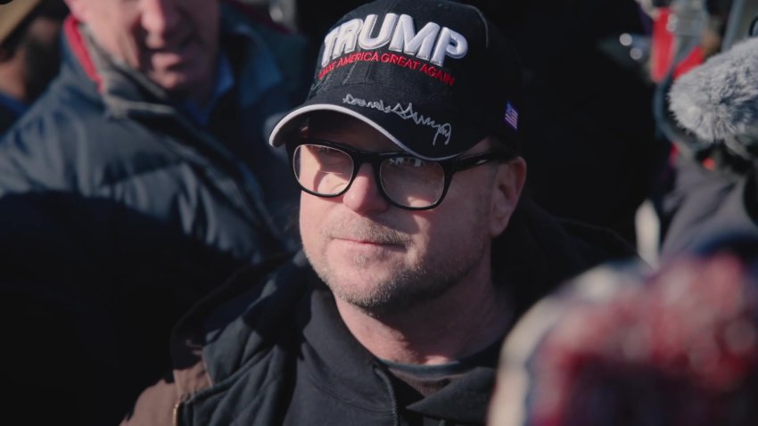 Guy Reffitt, of Wylie, Texas, talks to the media after being freed following a pardon from President Donald Trump.