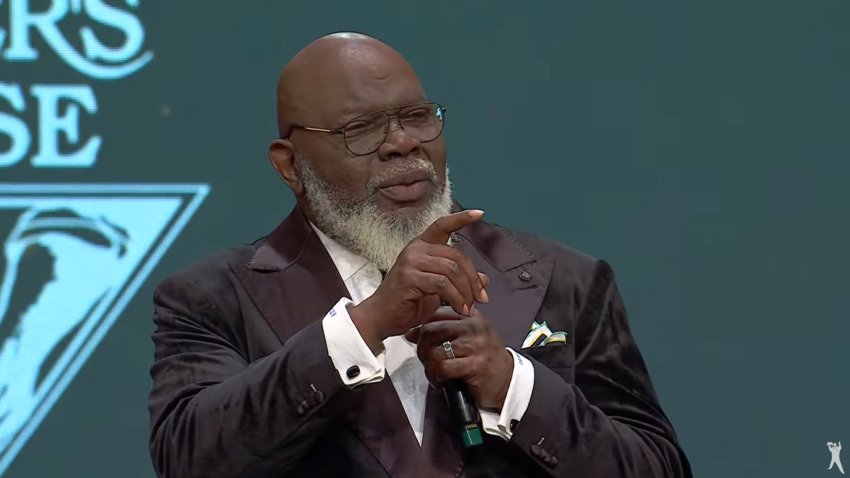 Bishop TD Jakes, delivering a sermon on Sunday, Dec. 31, 2024, at The Potter’s House in Dallas.