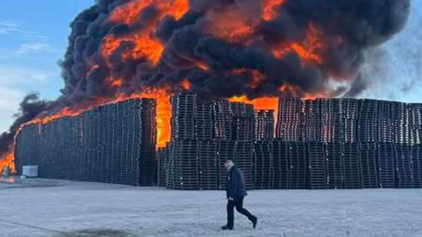 A tractor truck caught fire and spread to stacks of polypropylene pallets at rural repair facility in Wilmer, Texas, on Wednesday, Jan. 8, 2025.