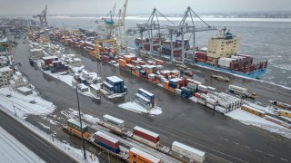 Shipping containers are seen at the Port of Montreal in Montreal, Canada, on Feb. 3, 2025. 